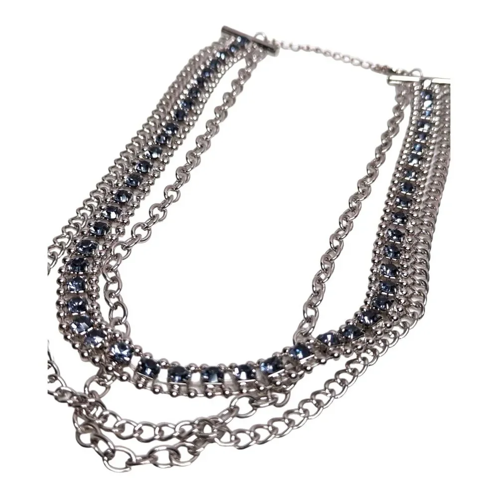 Womens Silver Tone Multi Strand Layered 35in Necklace Blue Rhinestone Curb Chain